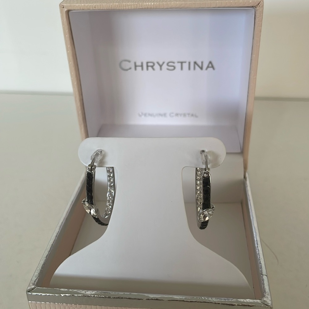 Chrystina Genuine Crystal Earrings Hoop Black Silver Sparkly NIB
